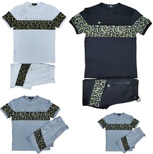 Men's Tracksuit Set Gold Print T Shirt + Polyester Shorts Cotton Gym Summer Top