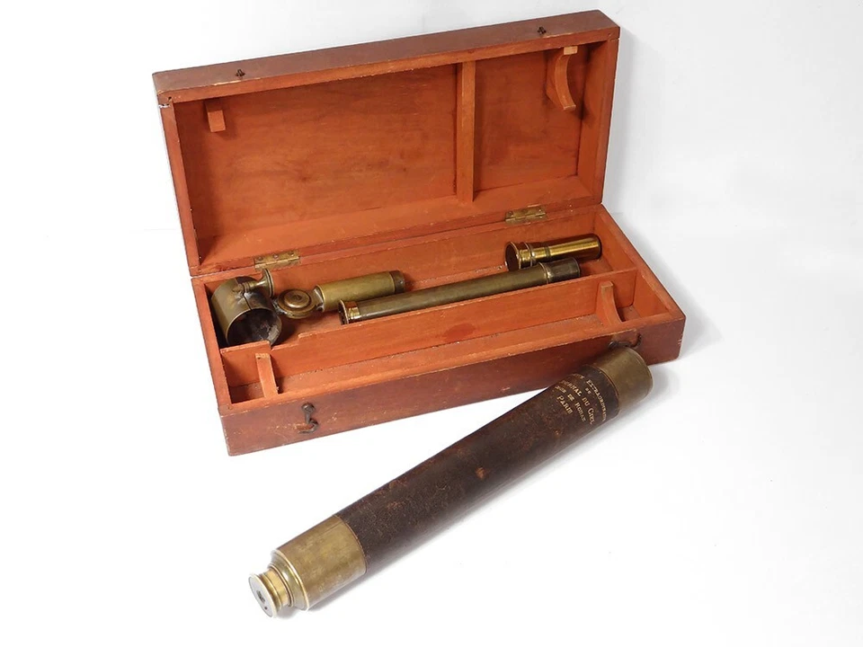 Longue-vue lunette Journal du Ciel Cour de Rohan Paris laiton cuir XIXème - Photo 1/1