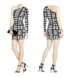 BCBG DRESS JERSEY S JORDAN BLACK WHITE ONE SHOULDER BODYCON FITTED - Picture 1 of 7