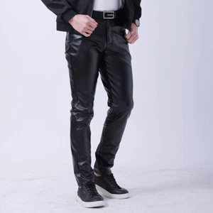 Motorcycle Skinny Straight Faux Leather Pants Men Slim Fit PU Leather Trousers И - Picture 1 of 18