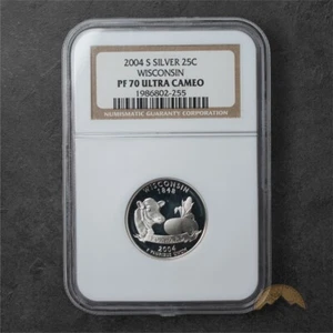 2004-S Proof Wisconsin Silver State Quarter 25C - NGC PF70 UCAM - Foto 1 di 2