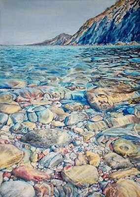 Original Giclee Artes Impresión Pintura Obra de Arte Paisaje Moderno Piedras de Mar Agua A3 Foto 1 de 4