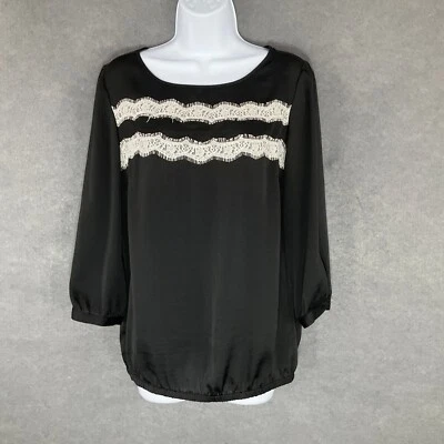 The Limited Blouse Top Lace Trim 3/4 Sleeve Black Career Casual Size M - Image 1 of 4