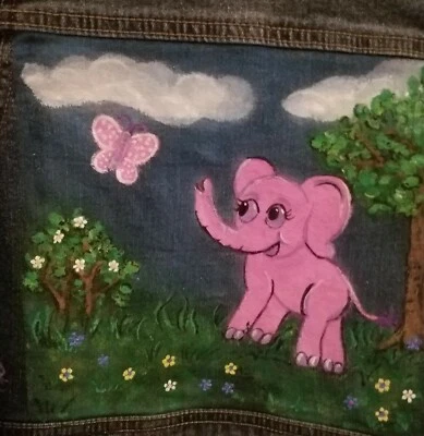 Chaqueta vaquera pintada a mano elefante rosa niñas talla 4 denim arte portátil Foto 1 de 4