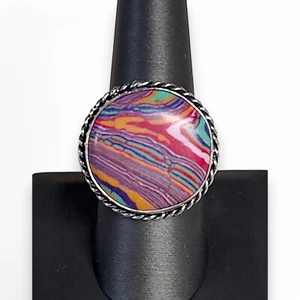 Lady's Rainbow Calsilica 925 Sterling Ring Size 10.5 Handcrafted - Picture 1 of 6