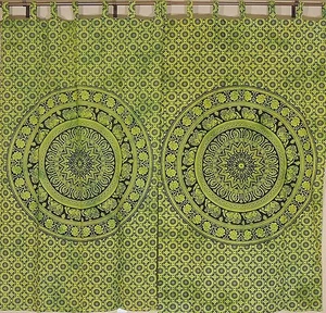 Green Elephant Mandala Curtains - 2 Cotton Print Window Treatments Panels 78" - Picture 1 of 3