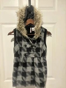 Bongo Vest Buffalo Plaid Quilted Puffer Hooded Faux Fur Medium Gray Black Girls - Picture 1 of 11