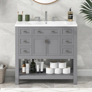 36'' Bathroom Vanity with Sink Storage Cabinet Set with 6 Drawers&Open Shelf - Picture 1 of 43