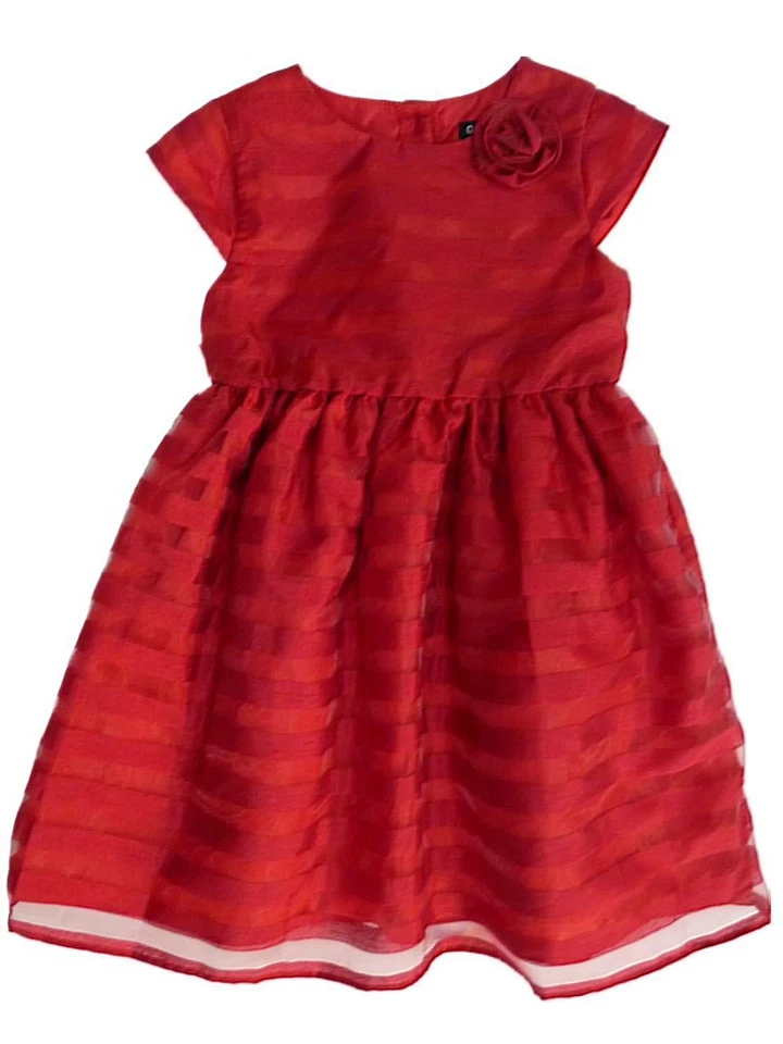 George Girls 7 Red Sheer/Solid Stripe Dress Full Skirt Rose Holiday Christmas - Image 1 of 1