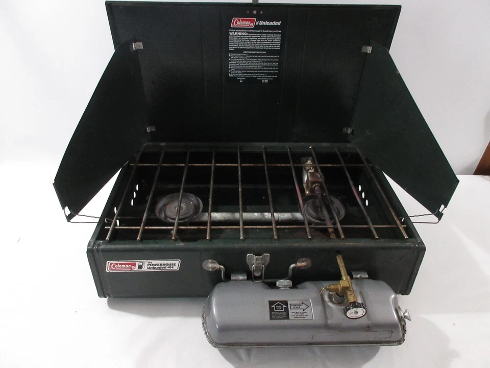 Coleman Camp Stove Powerhouse Unleaded 414 Dual Fuel 2 Burner Green Vintage USA - Image 1 of 4