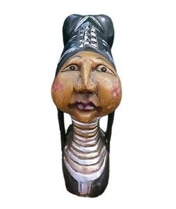 Ancienne sculpture femme col long bobines bois sculpté tribu Kayan 10" - Photo 1/10
