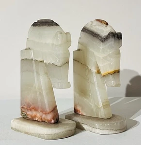 Vintage Marbled Onyx Bookends Trojan Horse Head Pair Hand Carved Mexico - Picture 1 of 5
