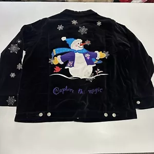 QUACKER FACTORY Black Velvet Snowflakes Snowman "Capture the Magic" Jacket Large - Picture 1 of 10