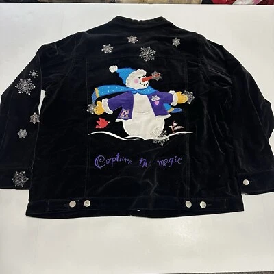 QUACKER FACTORY Black Velvet Snowflakes Snowman "Capture the Magic" Jacket Large - Image 1 of 4