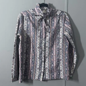 VINTAGE Ship n Shore Shirt Womens 12 Printed Tie Collar Blouse Pussy Bow - Picture 1 of 6