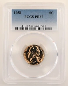 ONE OF PR67 1958 JEFFERSON NICKEL PCGS GRADED US 5C PROOF P-MINT EXACT COIN - Picture 1 of 6