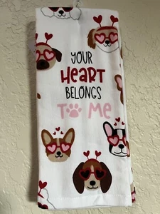 Valentines Day Kitchen Towels Your Heart Belongs To Me  Dogs Heart Glasses 2 Pcs - Picture 1 of 7