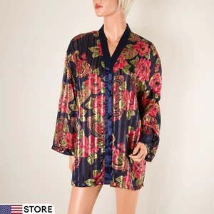 💖 VTG VICTORIA'S SECRET Gold Label Sleep Shirt M Blue Chemise Floral Striped - Picture 1 of 9