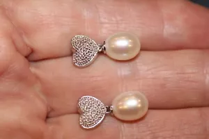 14K White Gold Heart Cultured Pearl Earrings - Picture 1 of 4