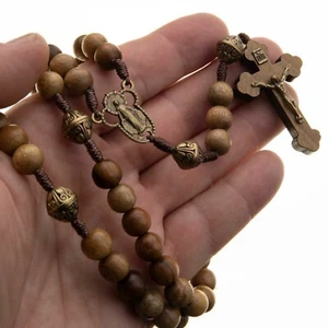 Large Rosary Beads Miraculous Medal Brown Wood Crucifix 10mm Beads Gift Box Cord - Picture 1 of 7