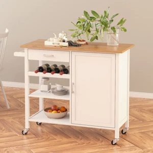 Rolling Kitchen Island Trolley Storage Cart Wood Top Drawer Wine Bottles Rack UK - Picture 1 of 11