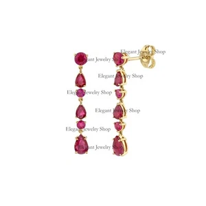Natural Ruby Gemstone Pear Drop Chain Earring 14k Yellow Gold Handmade Jewelry - Picture 1 of 5