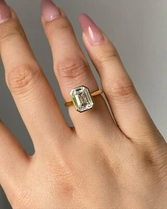 Emerald Cut Lab Grown Diamond Solitaire Wedding Ring Bezel Set Gold Engagement - Picture 1 of 7