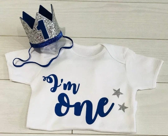 FLORENCE LILY BOUTIQUE Baby Boys Cake Smash Outfit Set First 1st Birthday Blue Crown One Hat & Top Vest