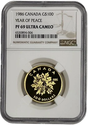 1986 Canada Gold $100 Year of Peace 1/2 oz Proof Coin NGC PF 69 UC - Image 1 of 2