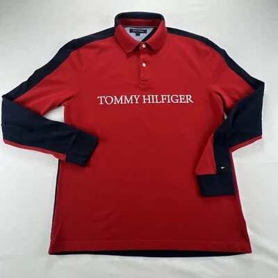 Tommy Hilfiger Long Sleeve Polo Mens L Red Embroidered Lettering Full Spell Out - Image 1 of 4