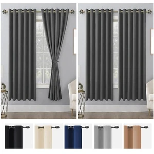 Plain Blackout Eyelet Curtains Ready Made Ring Top Short Curtains With Tie Backs - Picture 1 of 31