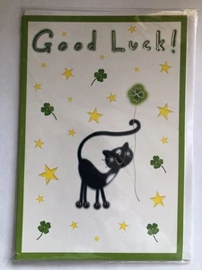 Good Luck Best Wishes Card Black Cat Luck Shamrock Four Leaf Clower Stars - Picture 1 of 2