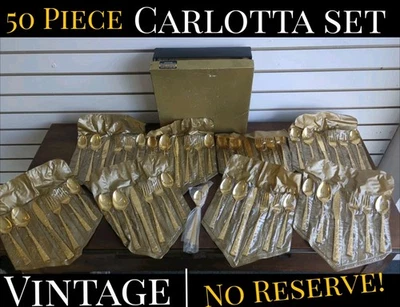 ✨VINTAGE✨ 50-Piece Golden Flower Garden 23Kt Plated Flatware 8 Sets - Image 1 of 4