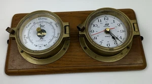 Plastimo Nautical Clock Barometer Brass Wood Weather Station As Is - Afbeelding 1 van 3