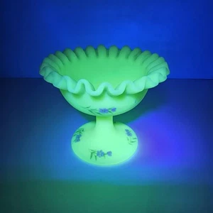 Fenton Custard Glass Ruffled Compote Dish Frosted Pink Flowers Signed Bev Archer - Picture 1 of 14