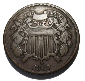 OLD US COINS 1867 OBSOLETE HIGHGRADE TWO CENT 2 C COIN - Picture 1 of 2