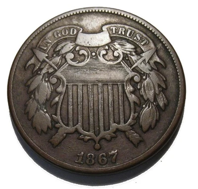 OLD US COINS 1867 OBSOLETE HIGHGRADE TWO CENT 2 C COIN - Image 1 of 2