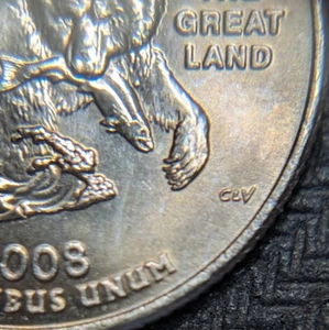 2008-P Alaska State Quarter Error 3 Extra Claw Doubling Uncirculated Toned - Picture 1 of 3
