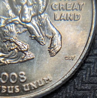 2008-P Alaska State Quarter Error 3 Extra Claw Doubling Uncirculated Toned - Image 1 of 3