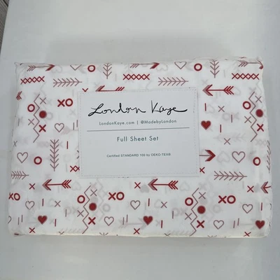 London Kaye Heart Sheet Set Full White Red Hearts Arrows X O Hugs Kisses - Image 1 of 4