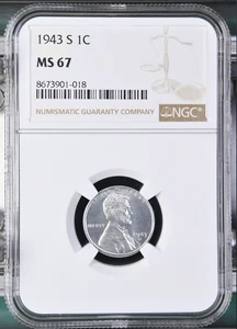 :1943-S 1C LINCOLN STEEL CENT NGC MS67 BRIGHT & SHINING RARITY R2 HIGHEST GRADES - Picture 1 of 2