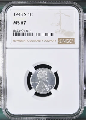 :1943-S 1C LINCOLN STEEL CENT NGC MS67 BRIGHT & SHINING RARITY R2 HIGHEST GRADES - Image 1 of 2
