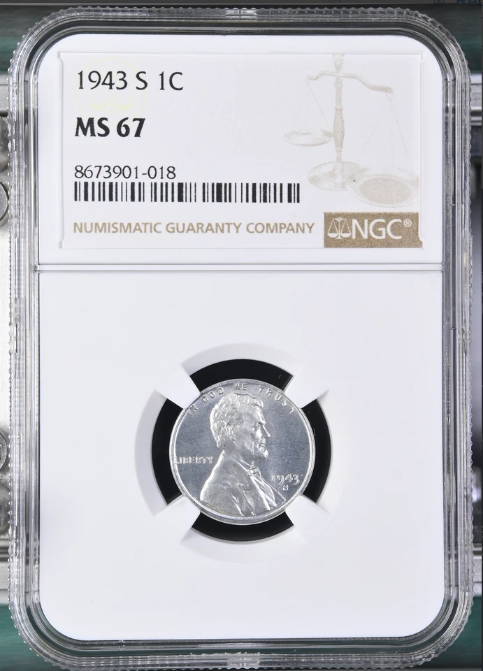 :1943-S 1C LINCOLN STEEL CENT NGC MS67 BRIGHT & SHINING RARITY R2 HIGHEST GRADES - Image 1 of 2