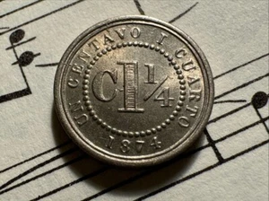 COLOMBIA 1¼ centavo 1874 KM173 Cu-Ni 1-year type TOP GRADE nice luster VERY RARE - Picture 1 of 2