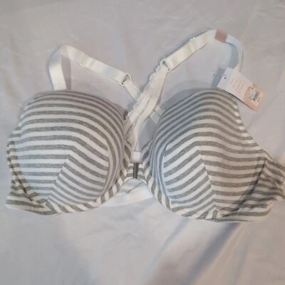 Cacique 44D Bra Gray White Stripe Lightly Lined T-Shirt Front Closure Underwire - Image 1 of 4