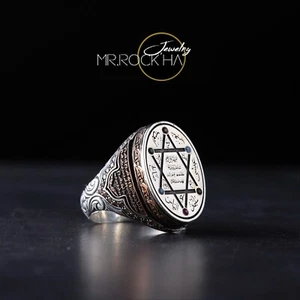 Seal of Solomon,Round Case,Handmade Engravin Art,925 Sterling Silver Men's Ring - Picture 1 of 8