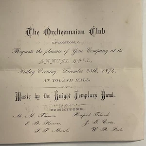 1874 London, Ohio Orchcomaian Club Annual Ball Invitation Knight Templars Band - Picture 1 of 4