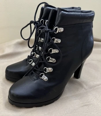 Ralph Lauren Darby Botines de Cuero Negro Tacones con Cordones 8 M Foto 1 de 4