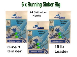 6 Running Sinker Whiting Fishing Rigs - #4 Baitholder Hook Size 1 Sinker 15lb - Picture 1 of 12