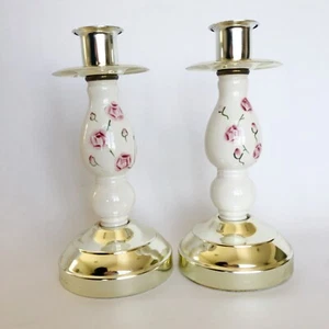 HOMCO Home Interiors Pair of Candlesticks Ceramic Floral & Brass 7.5" High #8850 - Picture 1 of 4